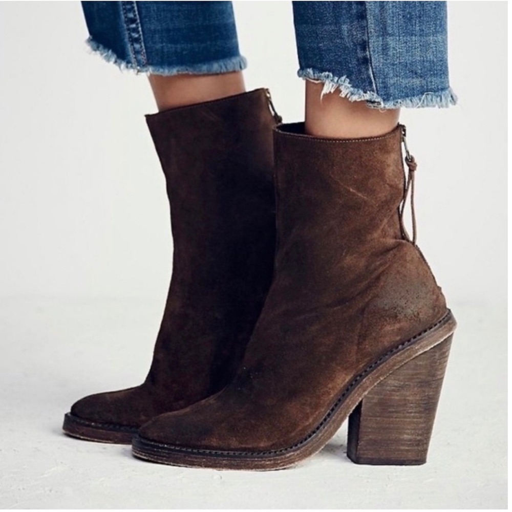 Free People Ankle Boots Womens 39 Brown Suede Calla Stacked Heel Portugal V59
